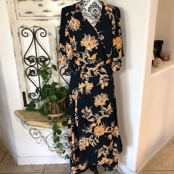 navy floral print wrap dress